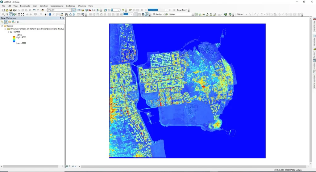 Screenshot showing the digital surface model inside ArcMap software.