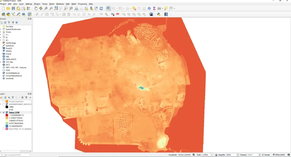 Screenshot showing the digital terrain model (DTM) inside ArcMap software.